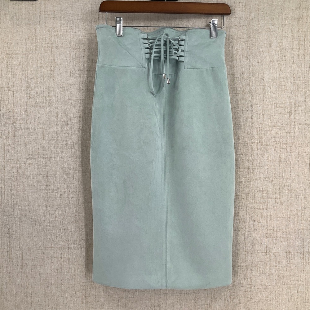 Forever 21 Seafoam Faux Suede Lace Up Pencil Midi Skirt Sz M Soft Girl Coquette